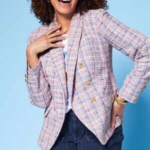 $219 NWT Talbots Multi Pink Blue White Plaid Tweed‎ Blazer Jacket Size 14